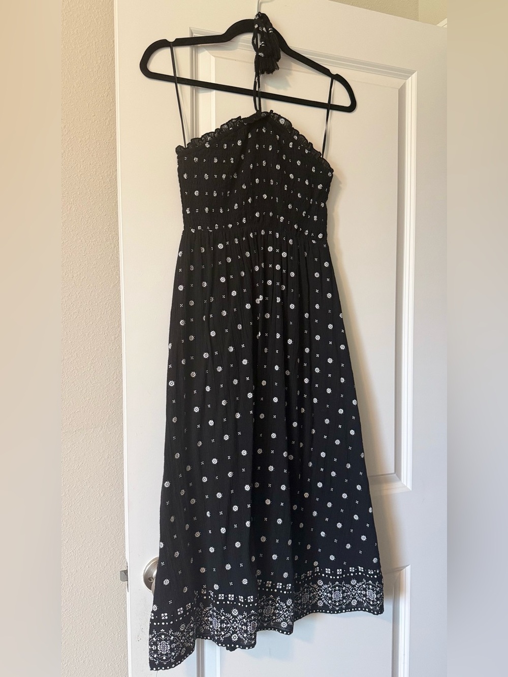 Old Navy Black Midi Dress with White Floral Dot Print
